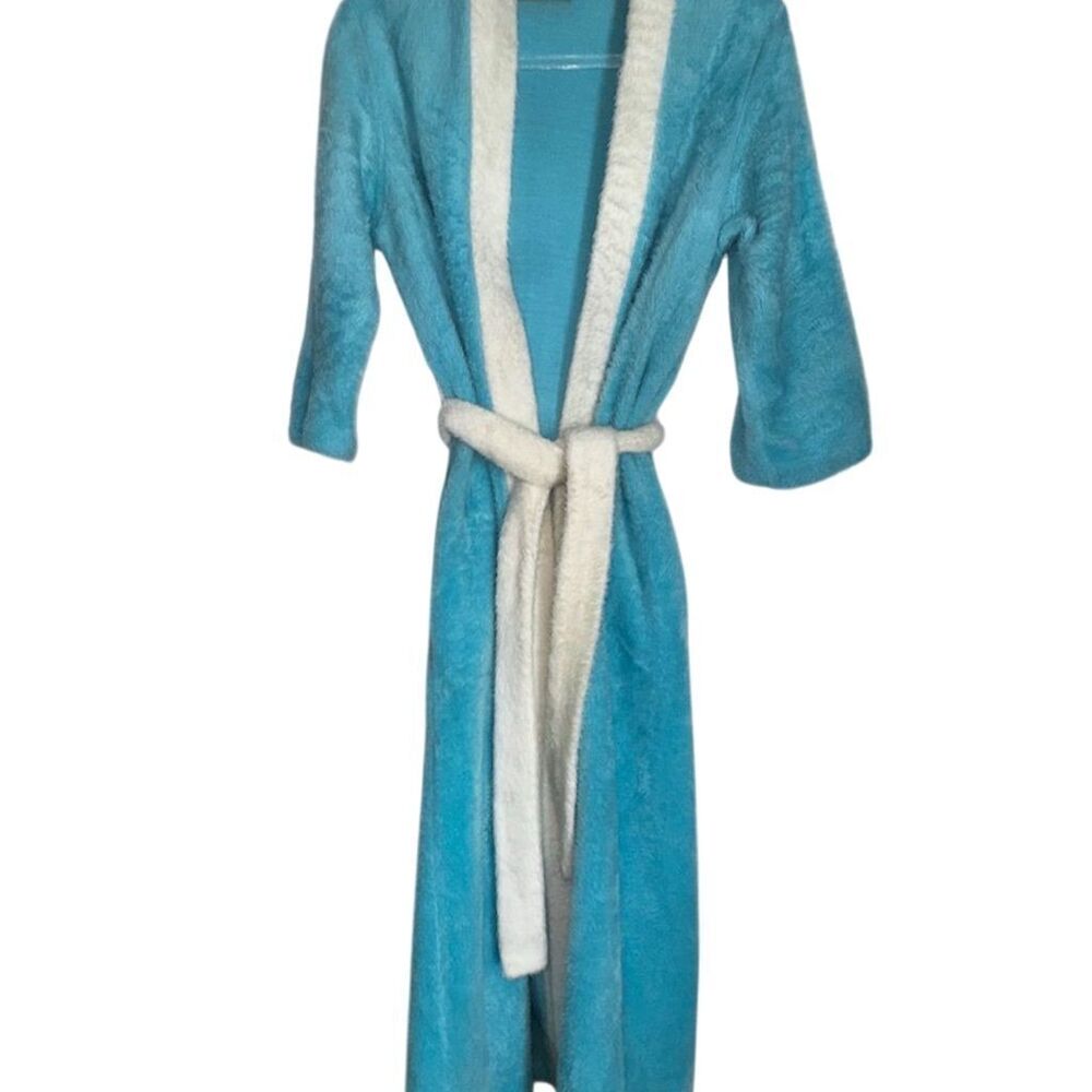 Vintage Sears Blue Plush Belted Robe 60s-70s Retro Style SMALL Fuzzy cute Furry